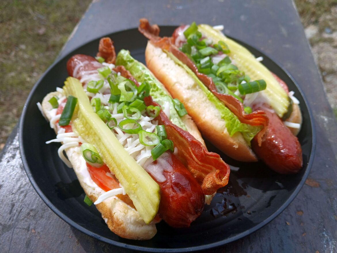 1/4lb Beef Hot Dogs dragged through the garden w/cheese and bacon