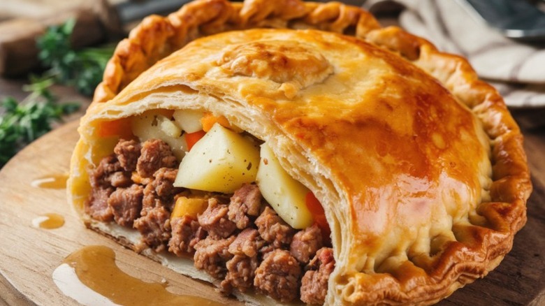 A Cornish pasty cut open.