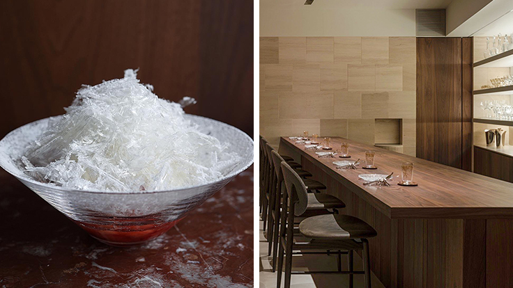 Yama’s Hatsuyuki (shaved ice) pairs strawberry and umeboshi (pickled Japanese plums) confiture with butterbur sprout ice cream, finished with a texture reminiscent of frost columns (left). The restaurant’s quiet, understated interior (right).  © Yama