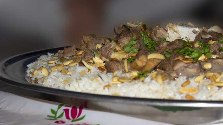 Camel meat served on plate with rice
