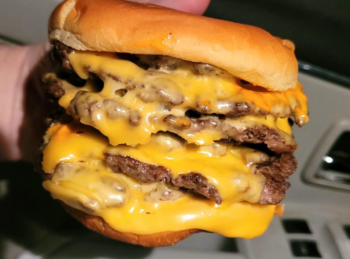 Saved almost all my calories for the day So having this 3 hours till midnight. One triple Sonic smasher with the meat from another one stuffed into it.