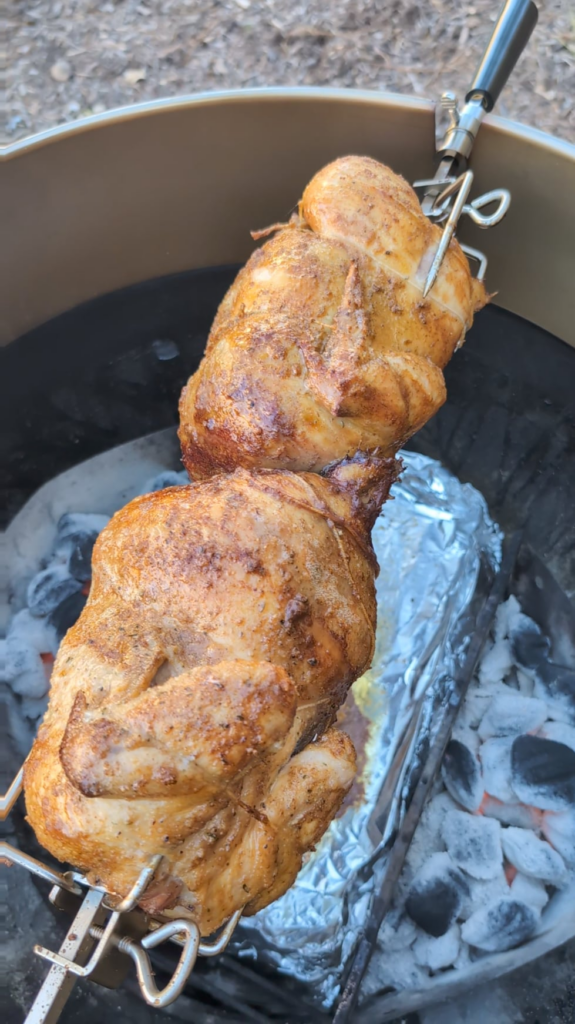 Onlyfire Rotisserie chicken over charcoal for the big game