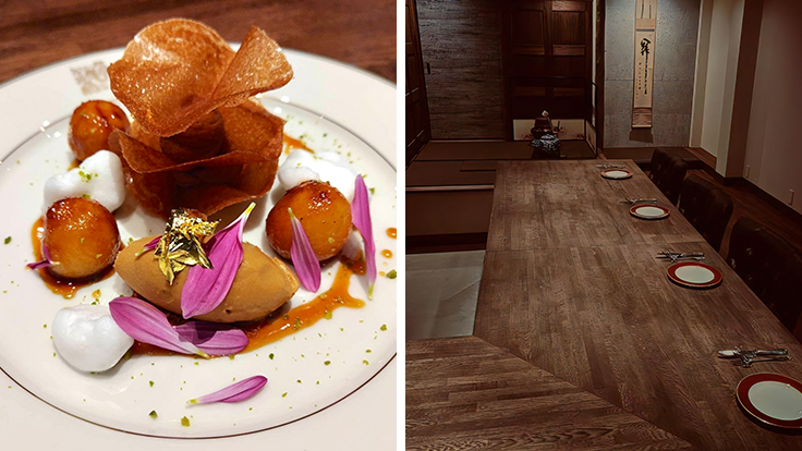 A mille-feuille of feuilletine and mascarpone cream with caramelized Marguerite Marillat pear, tonka bean ice cream and sangria sauce (left). Interiors blend tea-room aesthetics with Western-style decor (right).  © çayca