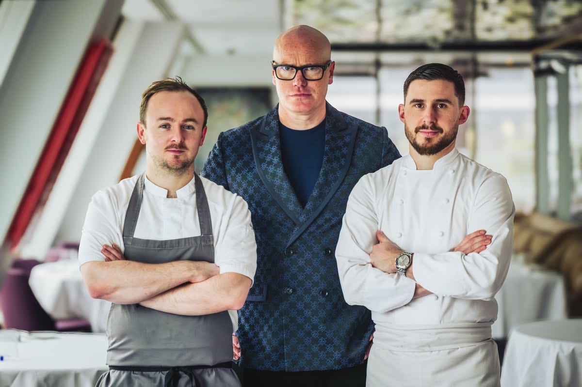Evolution: Angler’s Craig Johnston, left, with Evolv CEO Martin Williams and Pierre Minotti (right)  (Evolv)