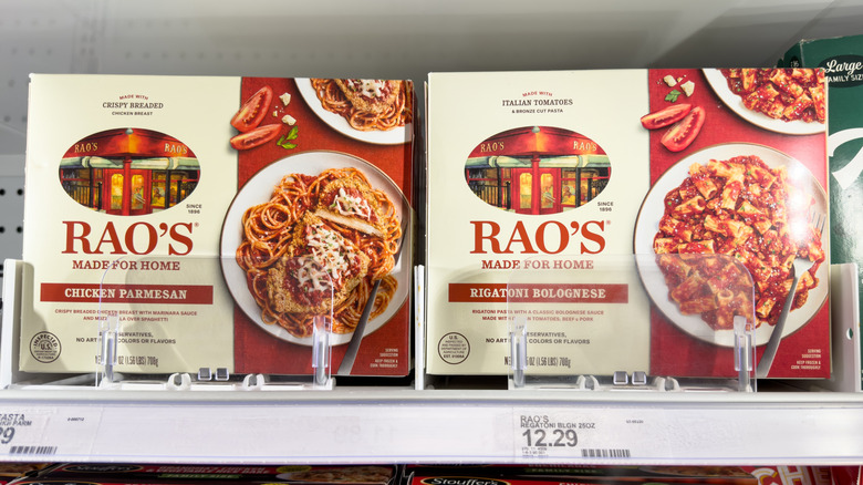 Packages of Rao's Made for Home frozen dinners in a freezer at a grocery store