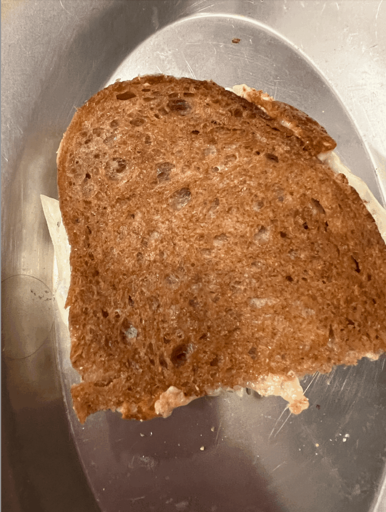 Got an even toast on this bacon-fat grilled cheese. Love the browned melted bits.