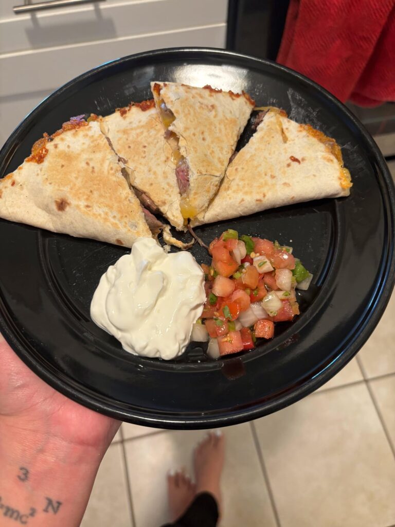 Steak quesadillas (even tho I got the wrong size tortillas)