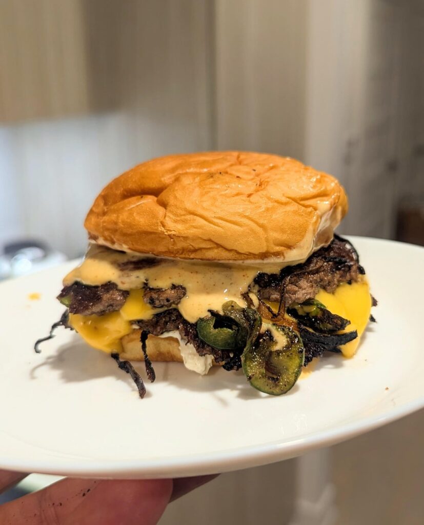 Oklahoma double with jalapenos and whipped cream cheese