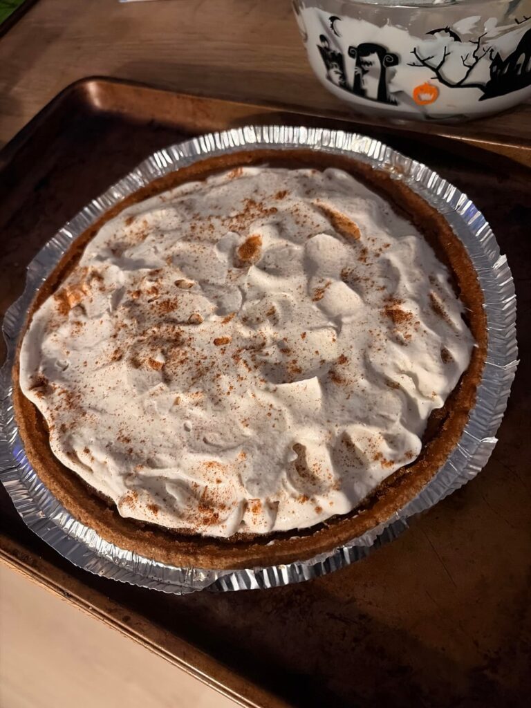 Made pumpkin pie last night 🥰 homemade filling with a homemade whip cream :3 sprinkled with cinnamon 💕