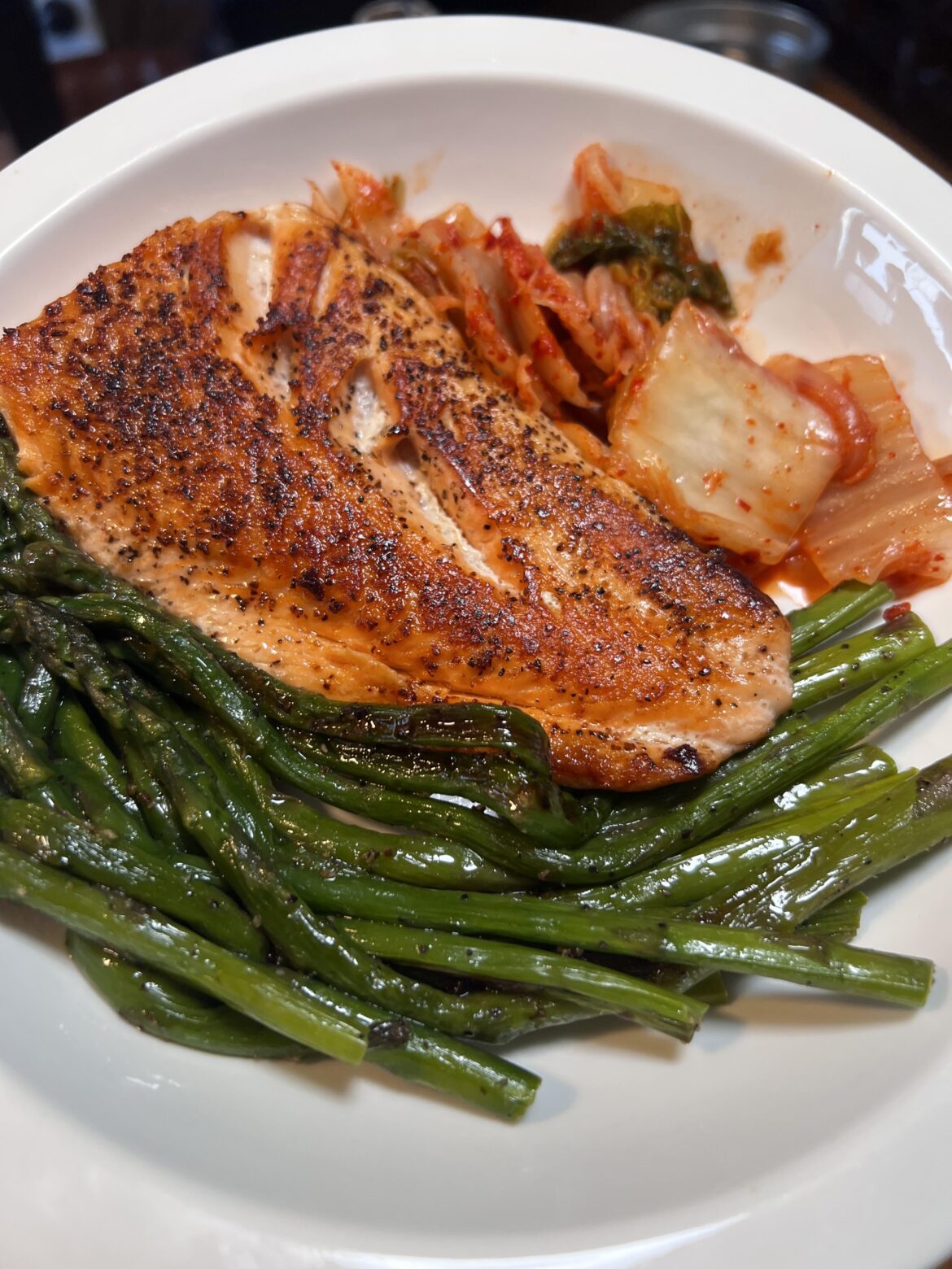 Salmon, asparagus, and some kimchi