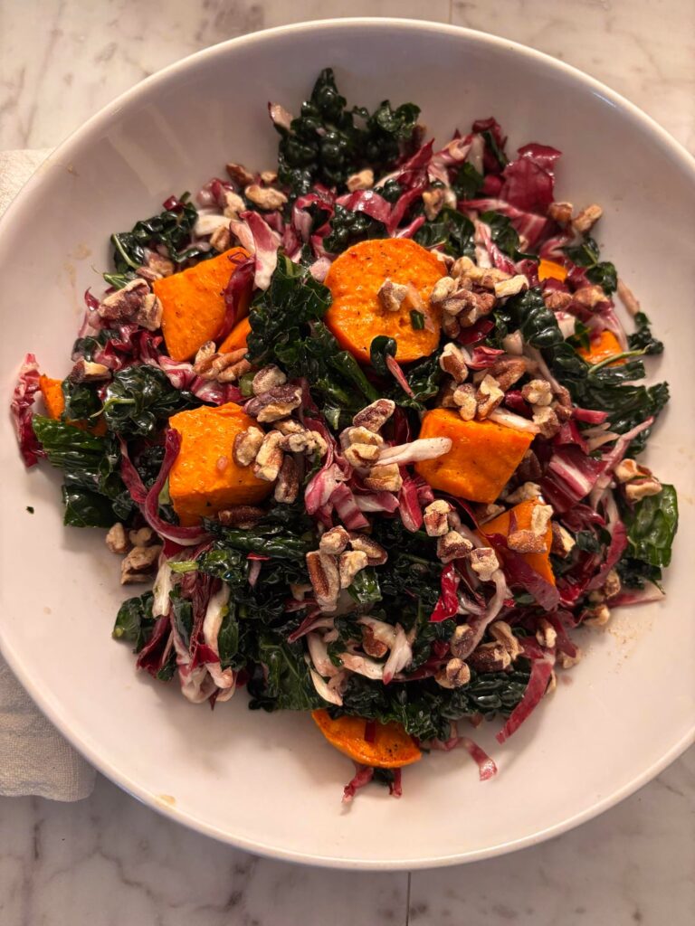 This was perfect! Kale Salad with Sweet Potatoes and Pomegranate Vinaigrette from The Complete Mediterranean Cookbook by America’s Test Kitchen