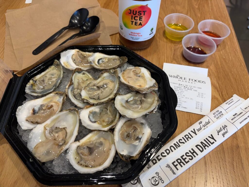 Went last Friday to get the $12/dozen oyster deal. They shucked them for free, ate them at Whole Foods cafe area. They were quite good