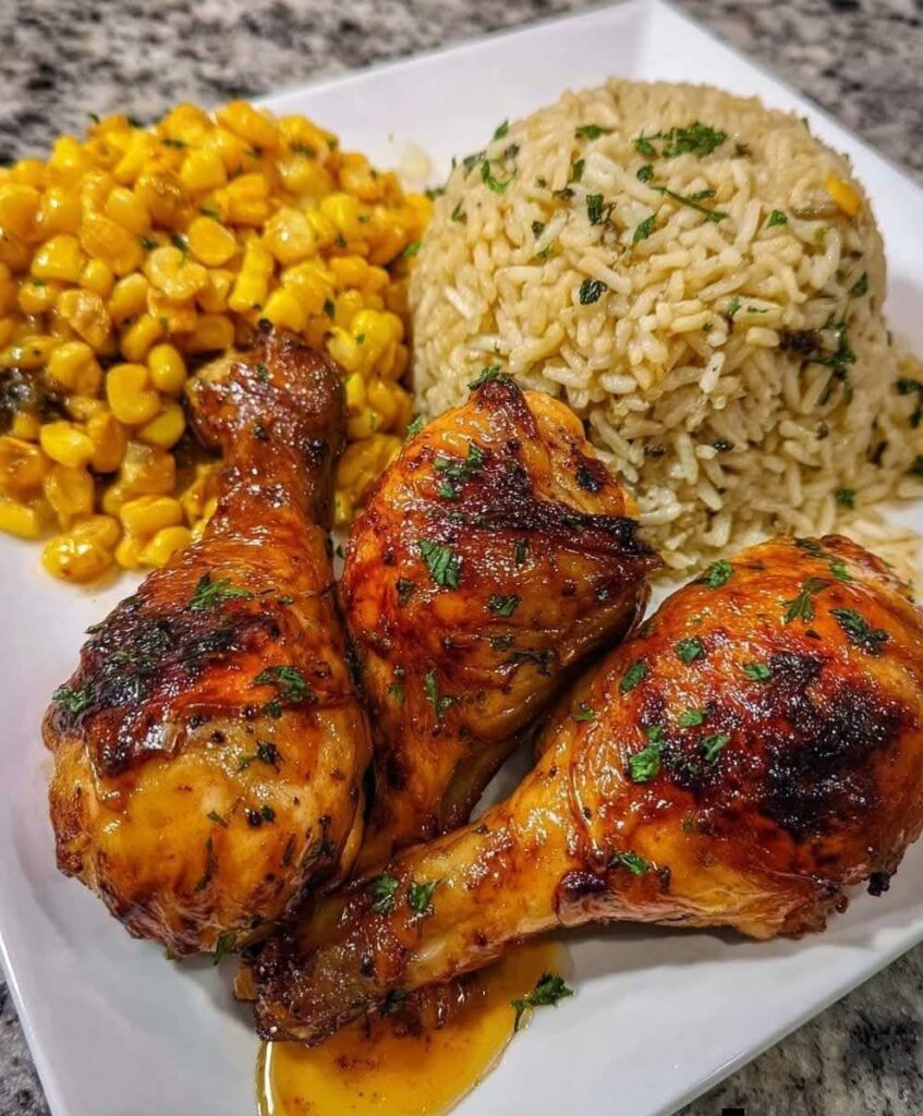 Honey-roasted chicken with rice and corn