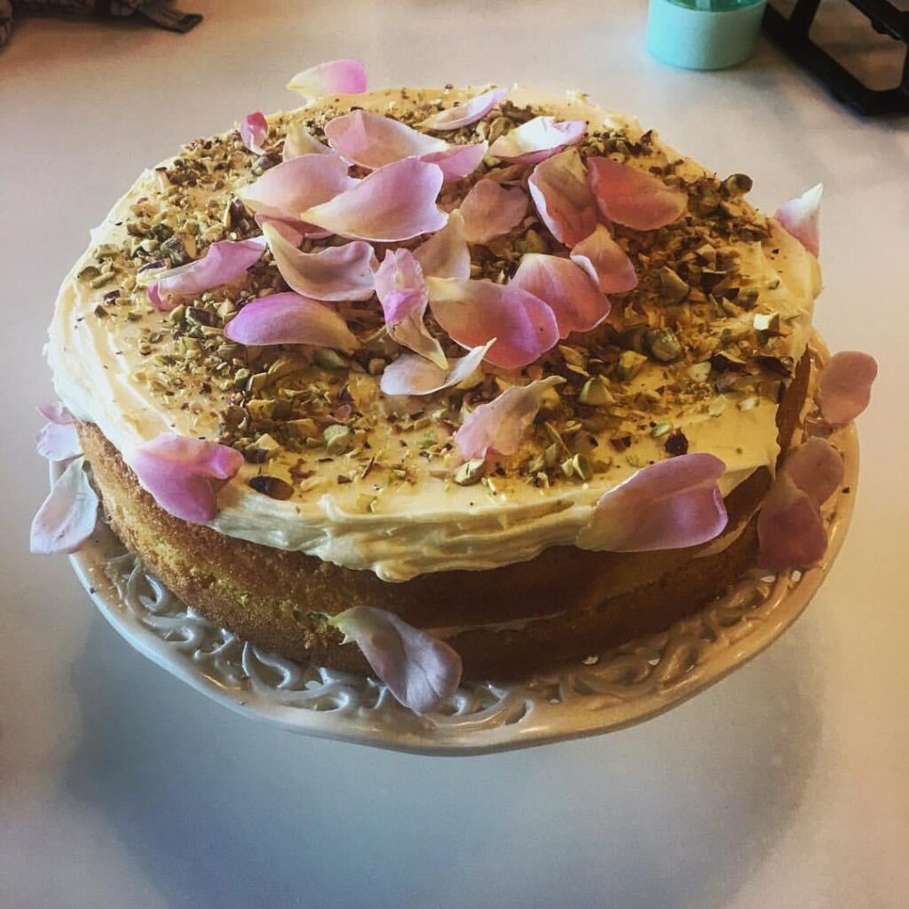 Cardamom & Rose Cake with White Chocolate Buttercream & Pistachios