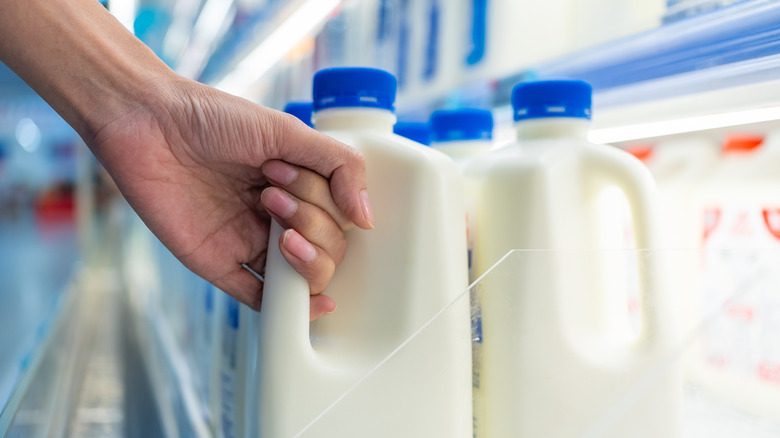 Hand grabbing jug of milk in grocery store