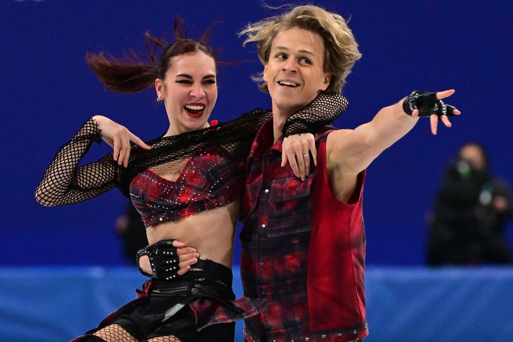 Georgia's Diana Davis and Georgia's Gleb Smolkin compete in the figure skating team event ice dance-rhythm dance during the Milano Cortina 2026 Winter Olympic Games at Milano Ice Skating Arena in Milan on February 9, 2026. 