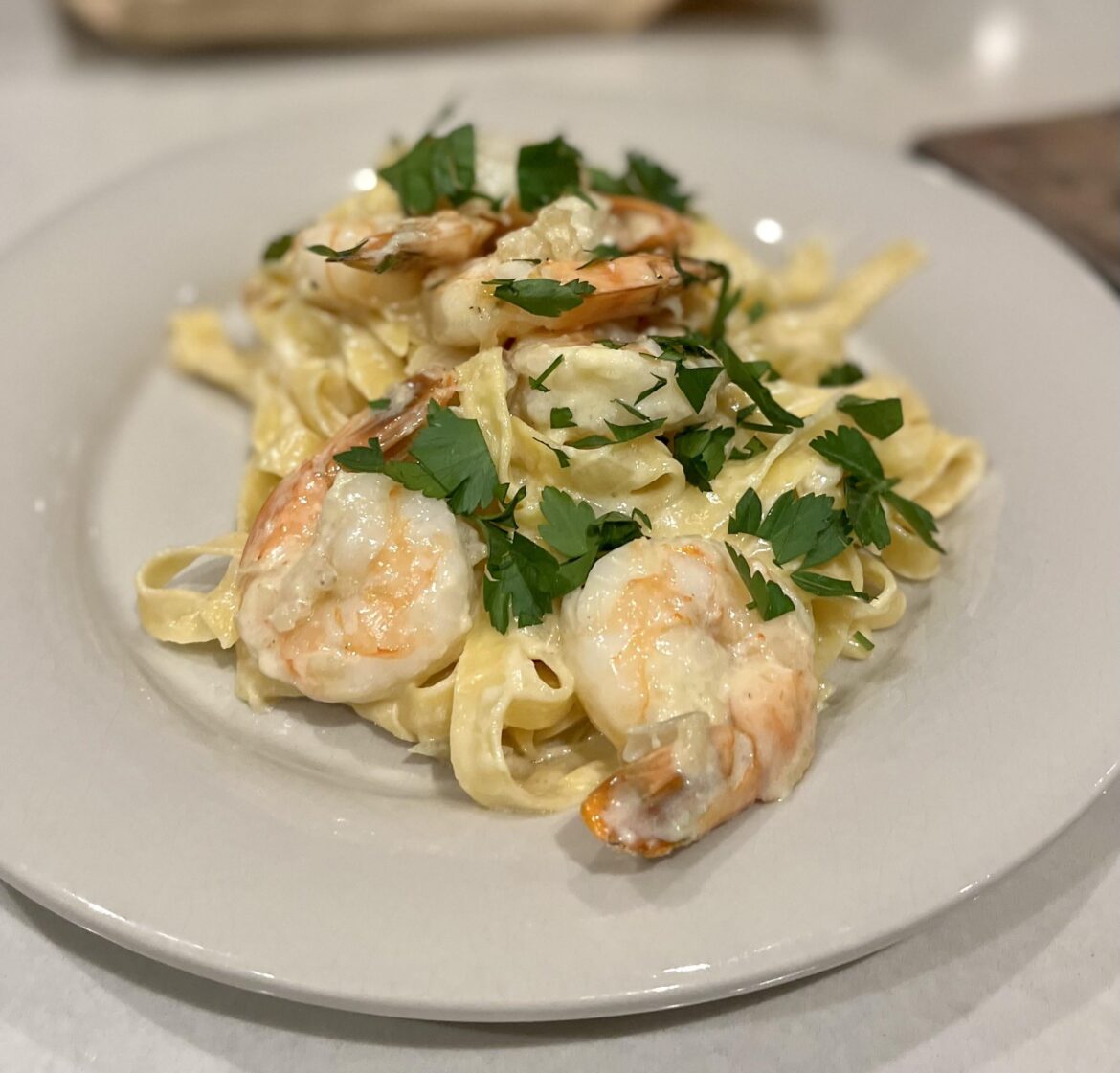 [OC] homemade Tagliatelle shrimp pasta with shallots, heavy cream, and parmesan