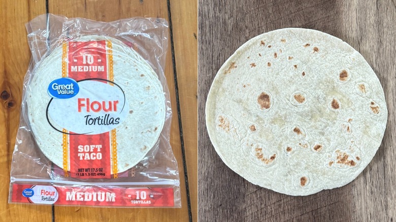 Great Value flour tortillas, in and out of the packaging