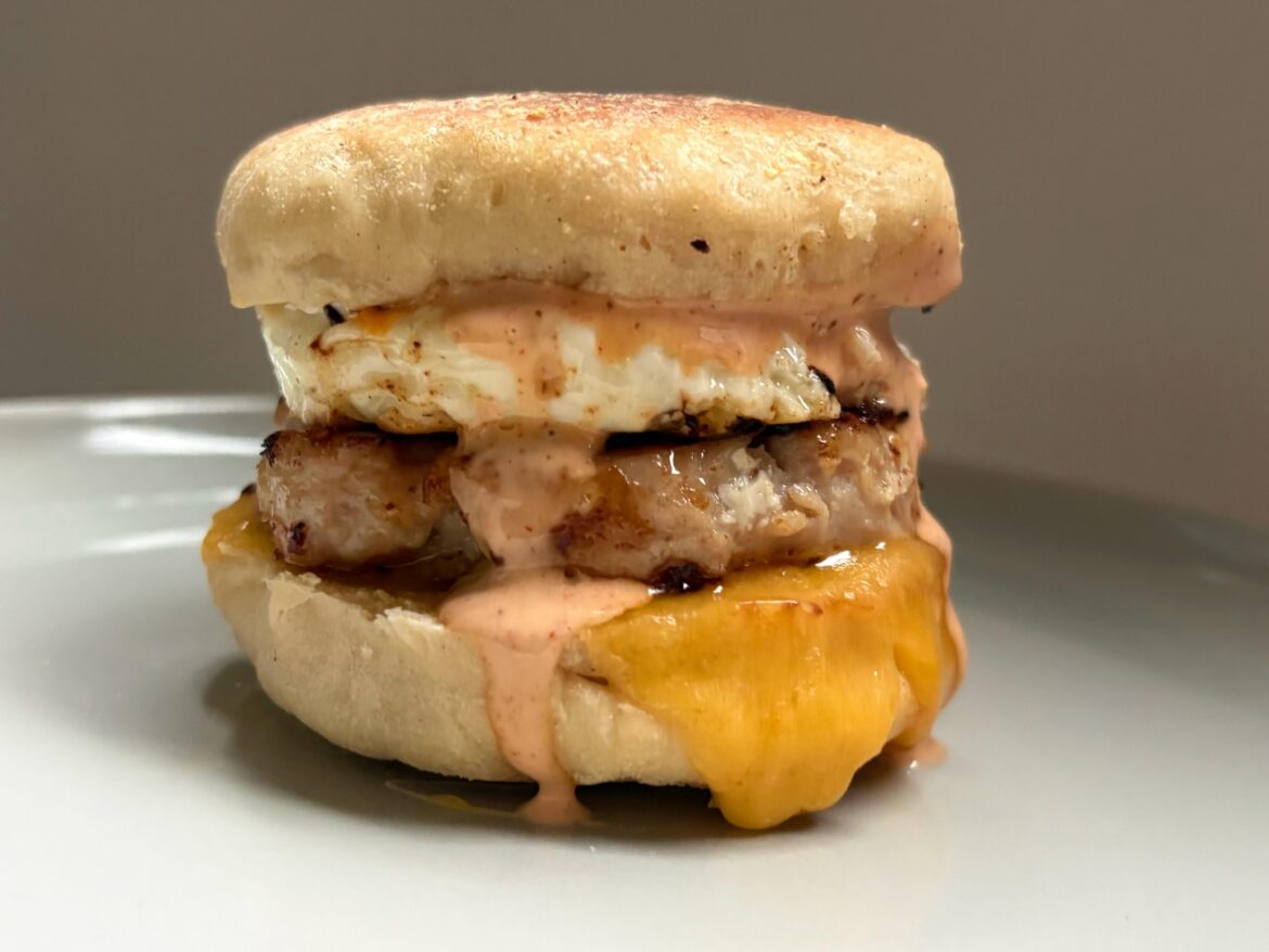 [Homemade] Egg, Sausage, Cheddar Sandwich on Homemade English Muffin with chipotle Mayo