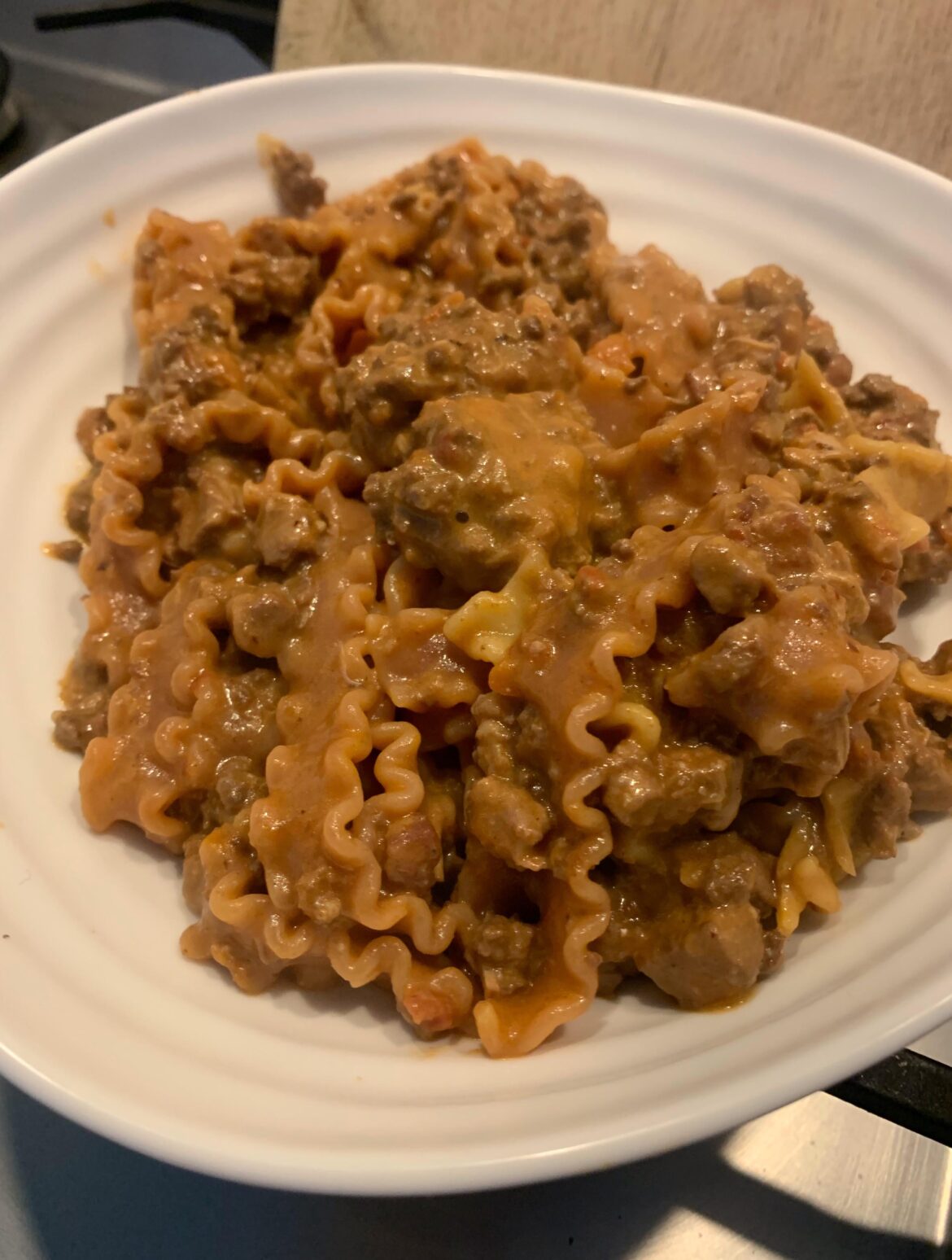 Beef and pork belly ragù on mafaldine