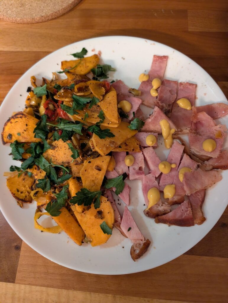 Starting off the New Year - 540 calories 32g protein left over ham and pan fried sweet potato