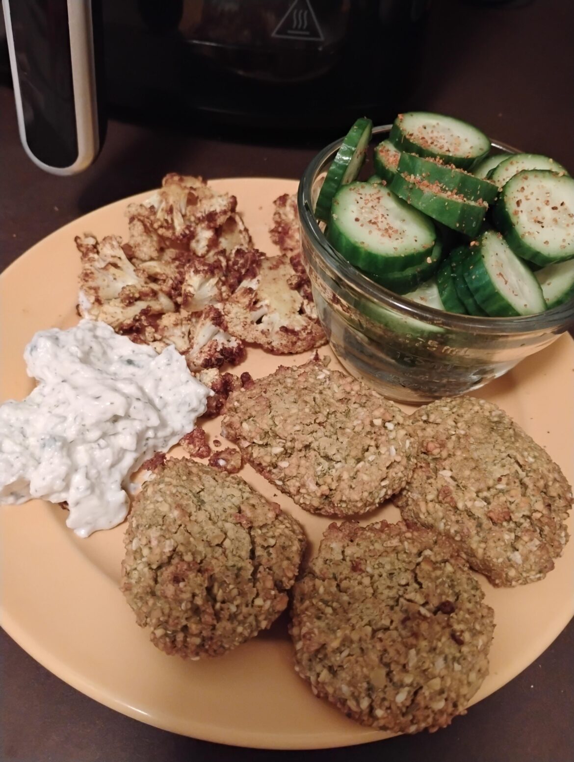 Baked Falafel, curry roasted cauliflower, dip and cukes
