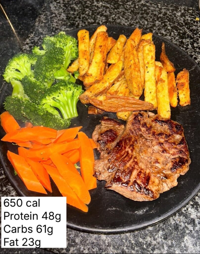 Very filling dinner - Fillet steak, chips & veg.