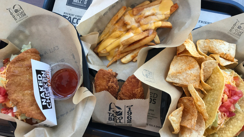 Cheesy fries, tacos, chips, and chicken tenders from Taco Bell