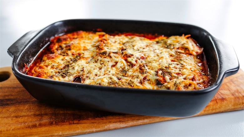 Baked eggplant lasagna in a black casserole