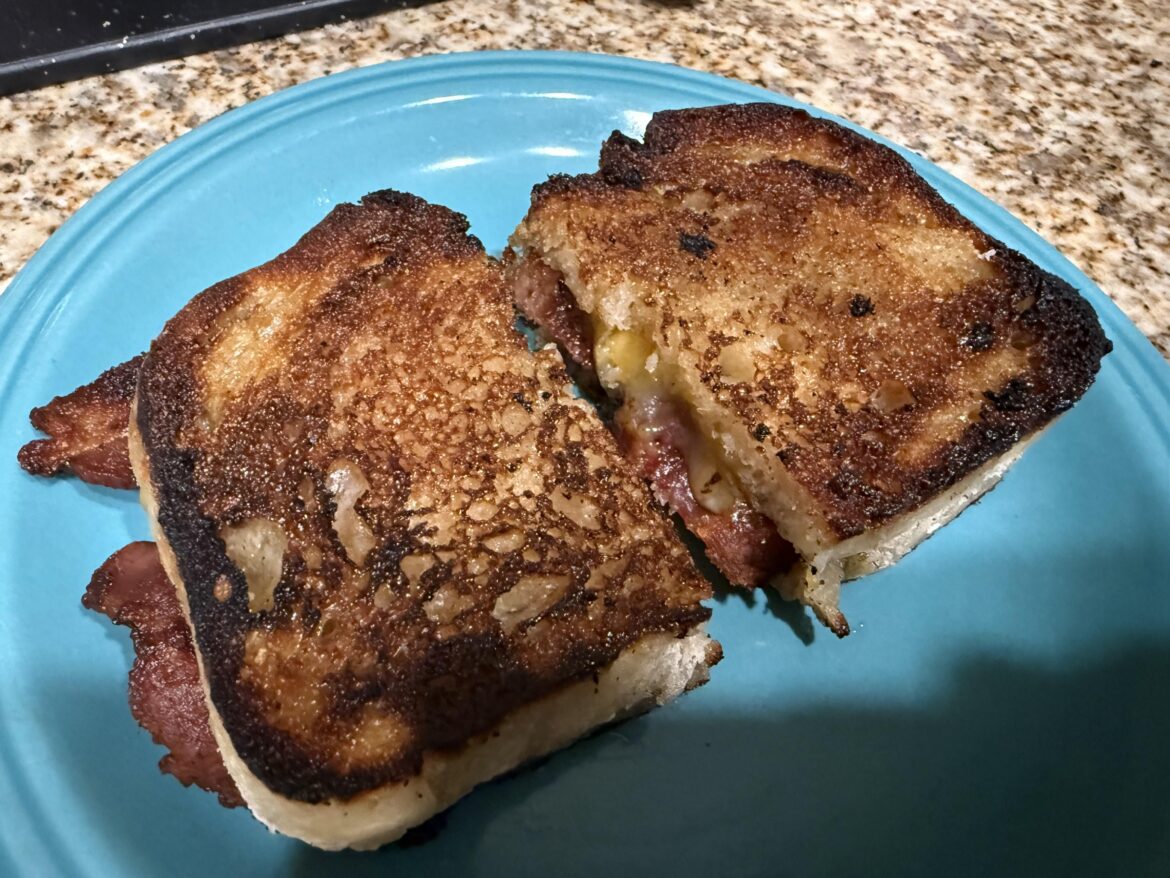Bacon grilled cheese on homemade rosemary garlic bread