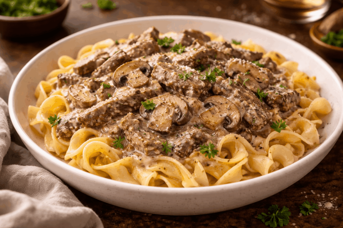 Made creamy beef stroganoff with mushrooms — the sauce came out perfect