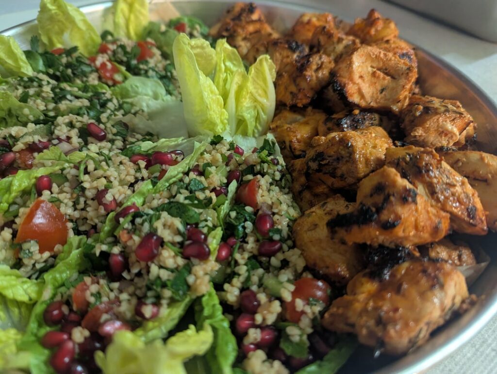 Shish Tavook, two different Tabouleh and georgian Shotis Puri