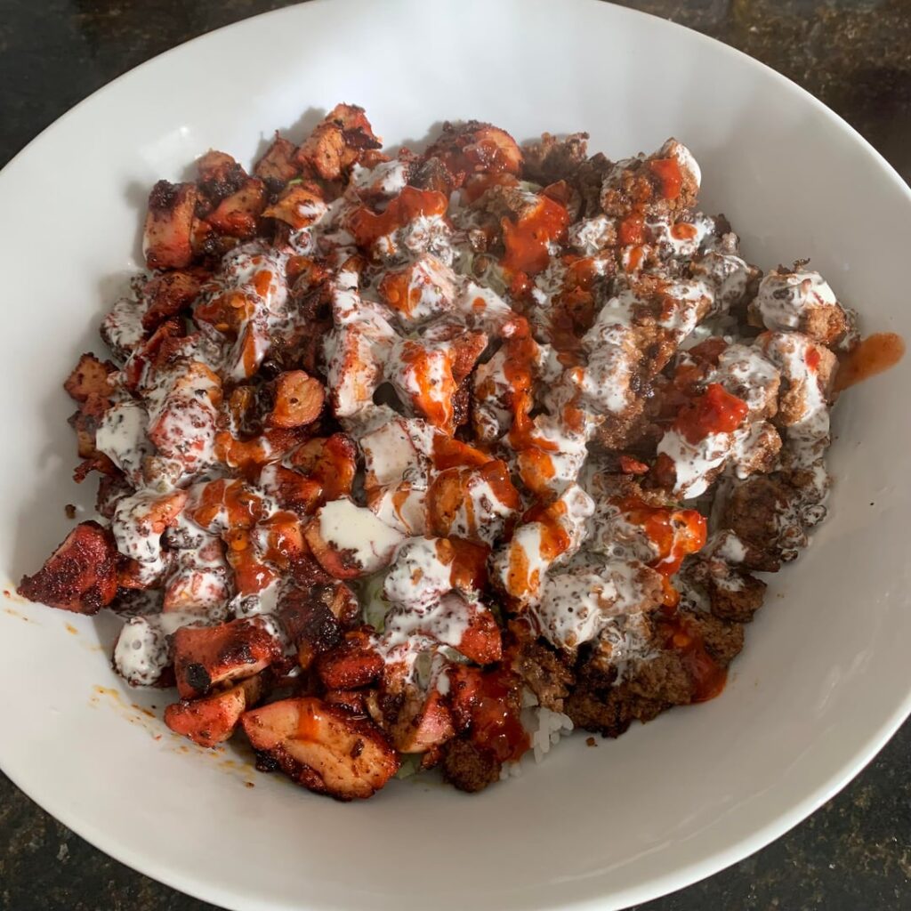 [Homemade] Halal cart style chicken and lamb over rice