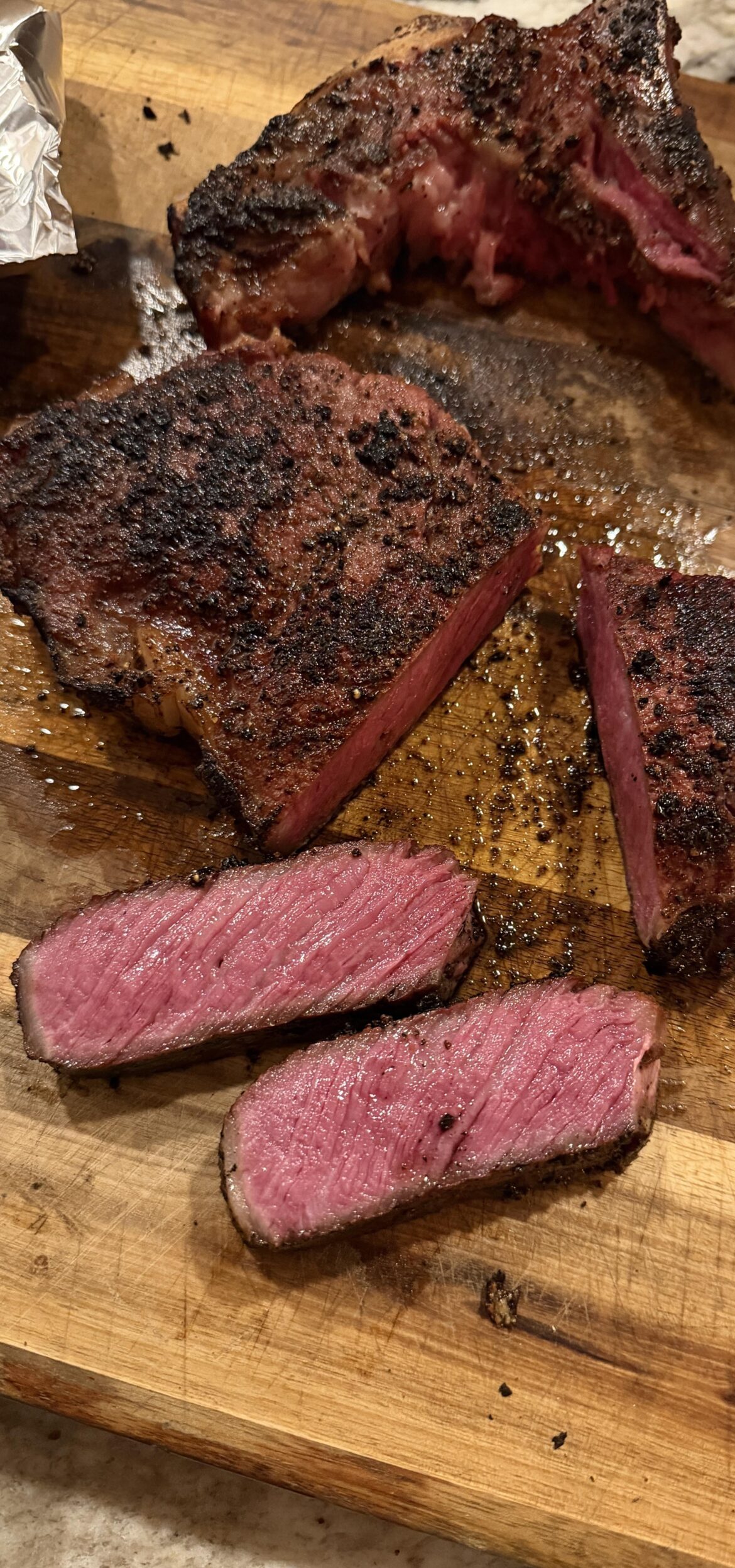 Smoked and seared snake river farms strip on the Yoder