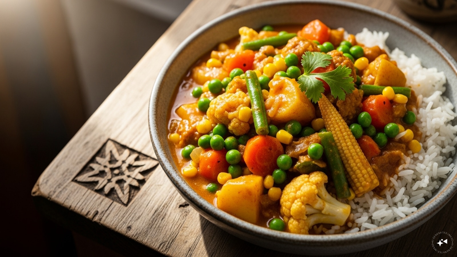 Curry de Macédoine de Légumes et Riz: A flavorful curry combining vegetables and rice.