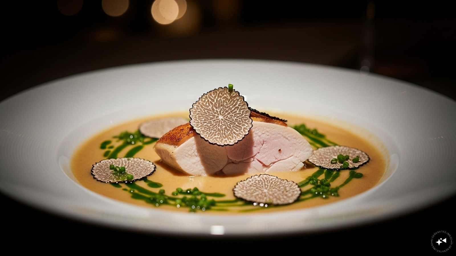 Crème de Volaille aux Truffes: A rich, velvety chicken cream soup delicately infused with truffles.