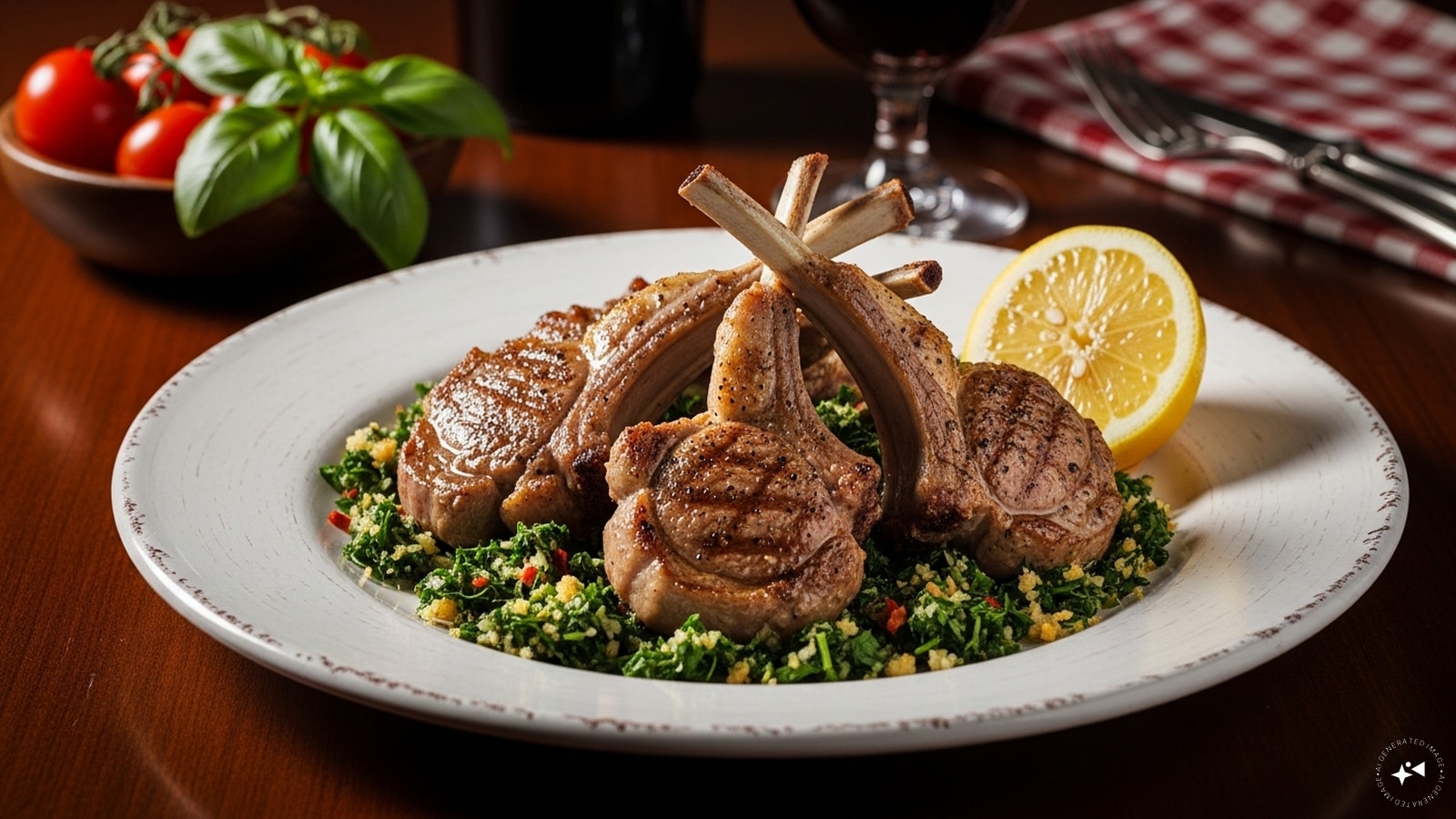 Côtelettes de Mouton à l’Italienne: Lamb cutlets prepared in Italian style, likely seasoned with aromatic herbs and light spices.