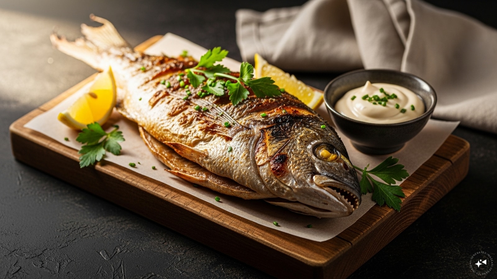 Poisson Braisé, Sauce Mayonnaise: Tender braised fish served with a luxurious, creamy mayonnaise sauce.