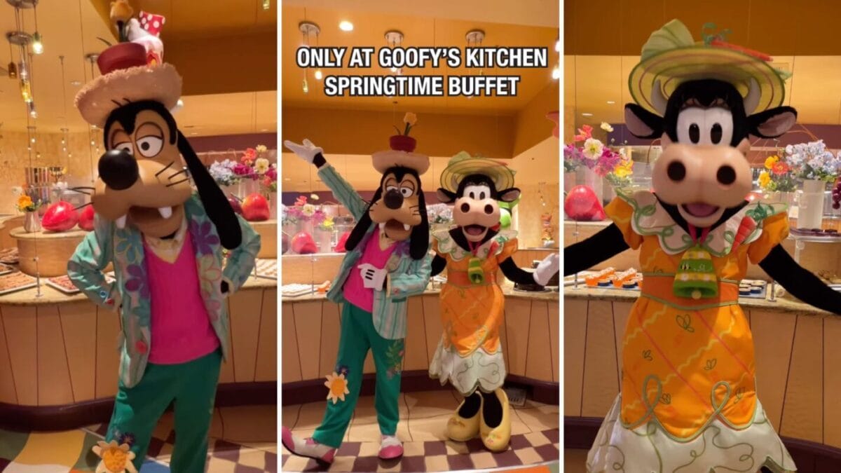 Goofy and Clarabelle in springtime outfits at Goofy's Kitchen Springtime buffet character dining at the Disneyland Hotel
