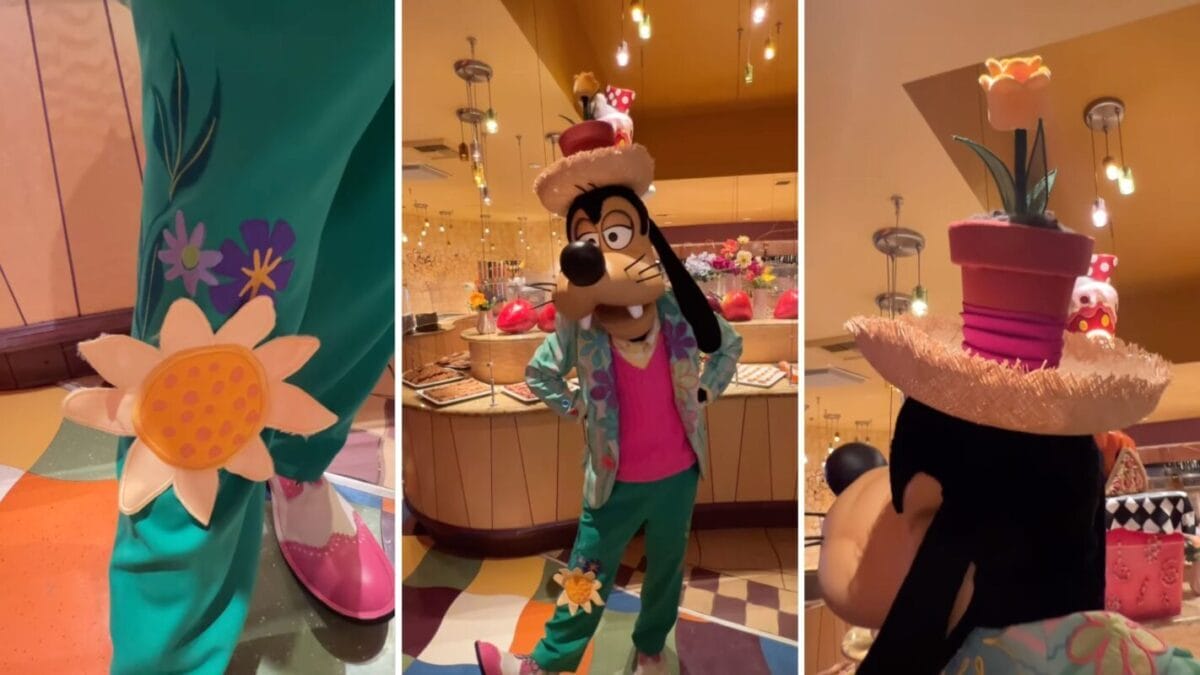 Goofy in a springtime outfit at Goofy's Kitchen Springtime buffet character dining at the Disneyland Hotel
