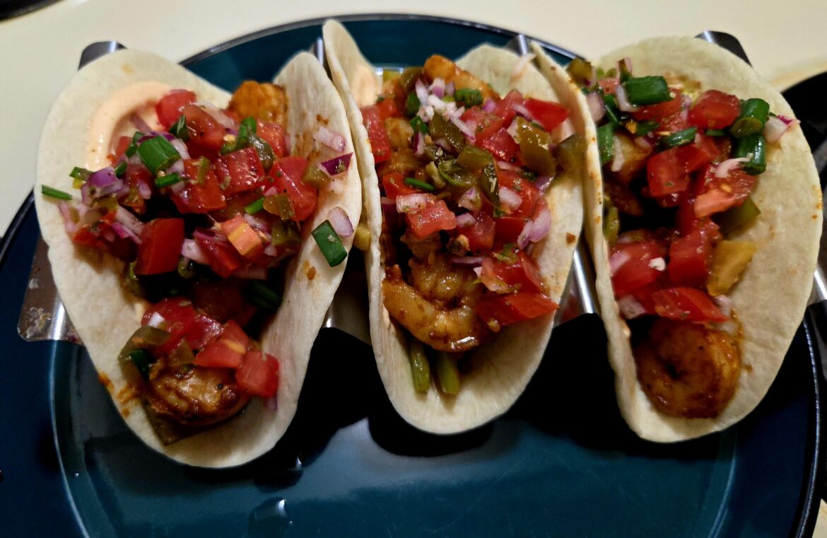 Southwest Shrimp Tacos with Pico and Spicy Crema