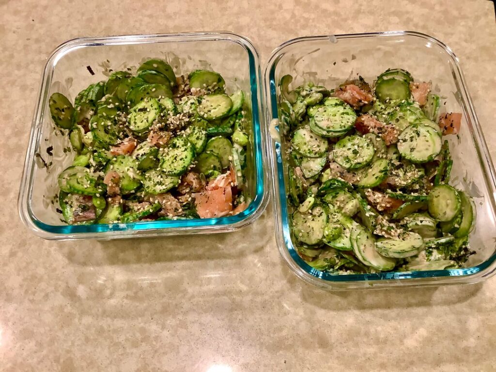 Salmon cucumber salad - 501 calories for both containers, 250 calories per container