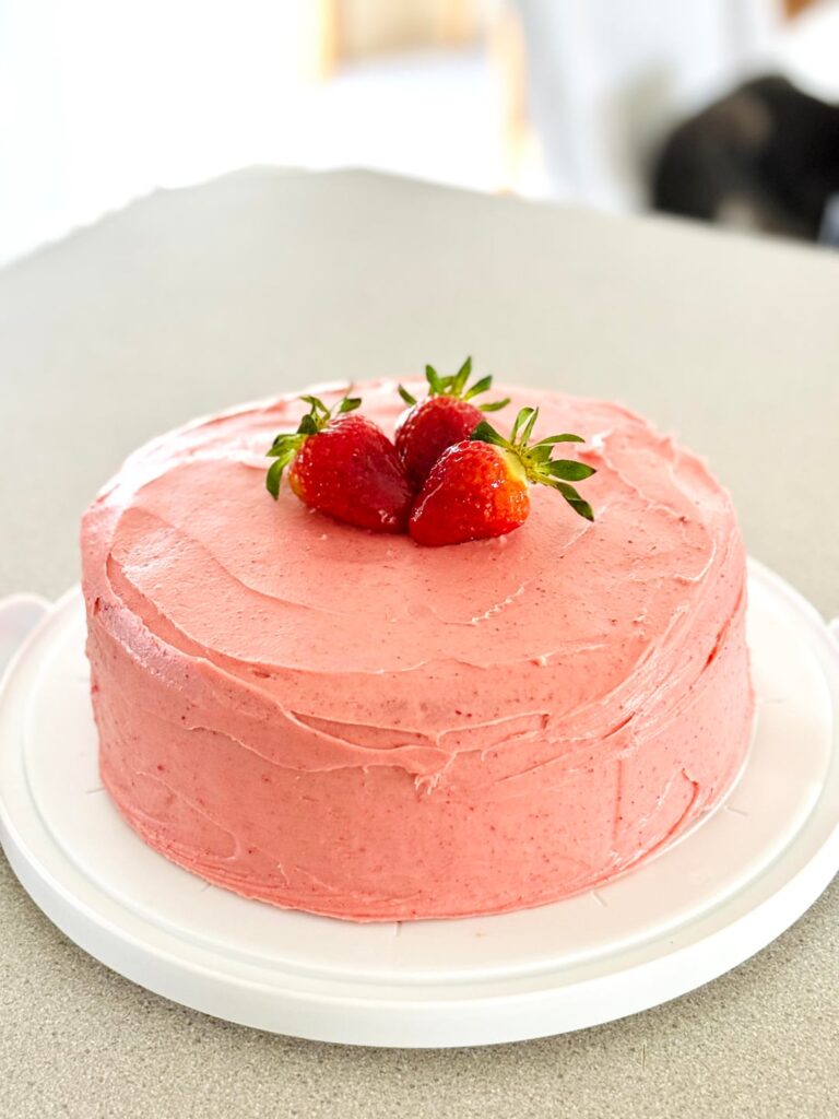 inexperienced but happy with how this strawberry cake turned out for valentines! frosting is made with freeze-dried strawberries