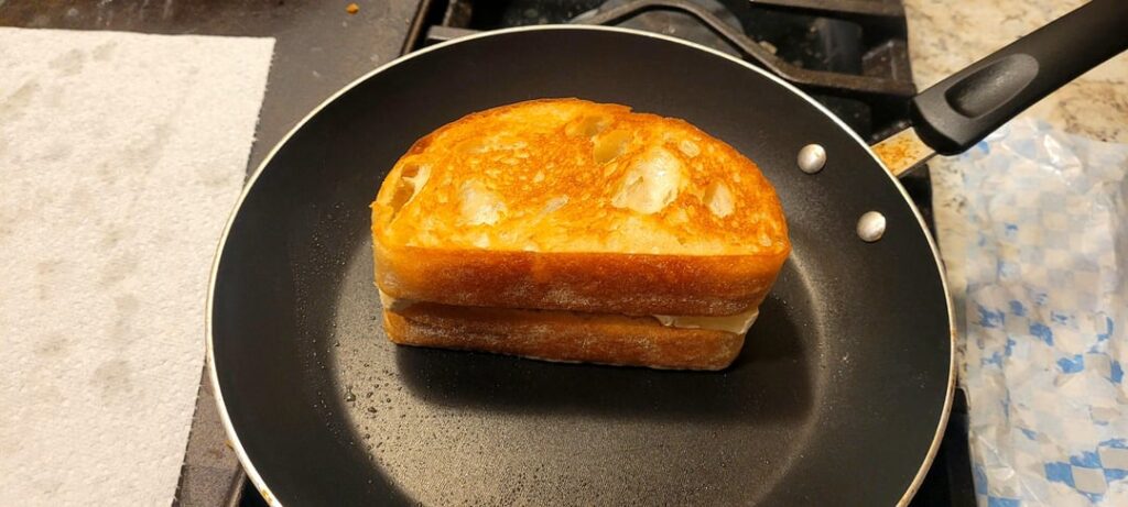 The story of a grilled cheese. Thick cut whatever this bread is. Brie. Orange fig spread. It was quite good.