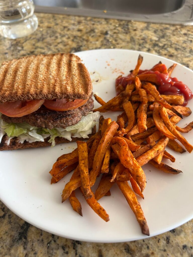 very filling burger and sweet potato fries for 385 calories!!