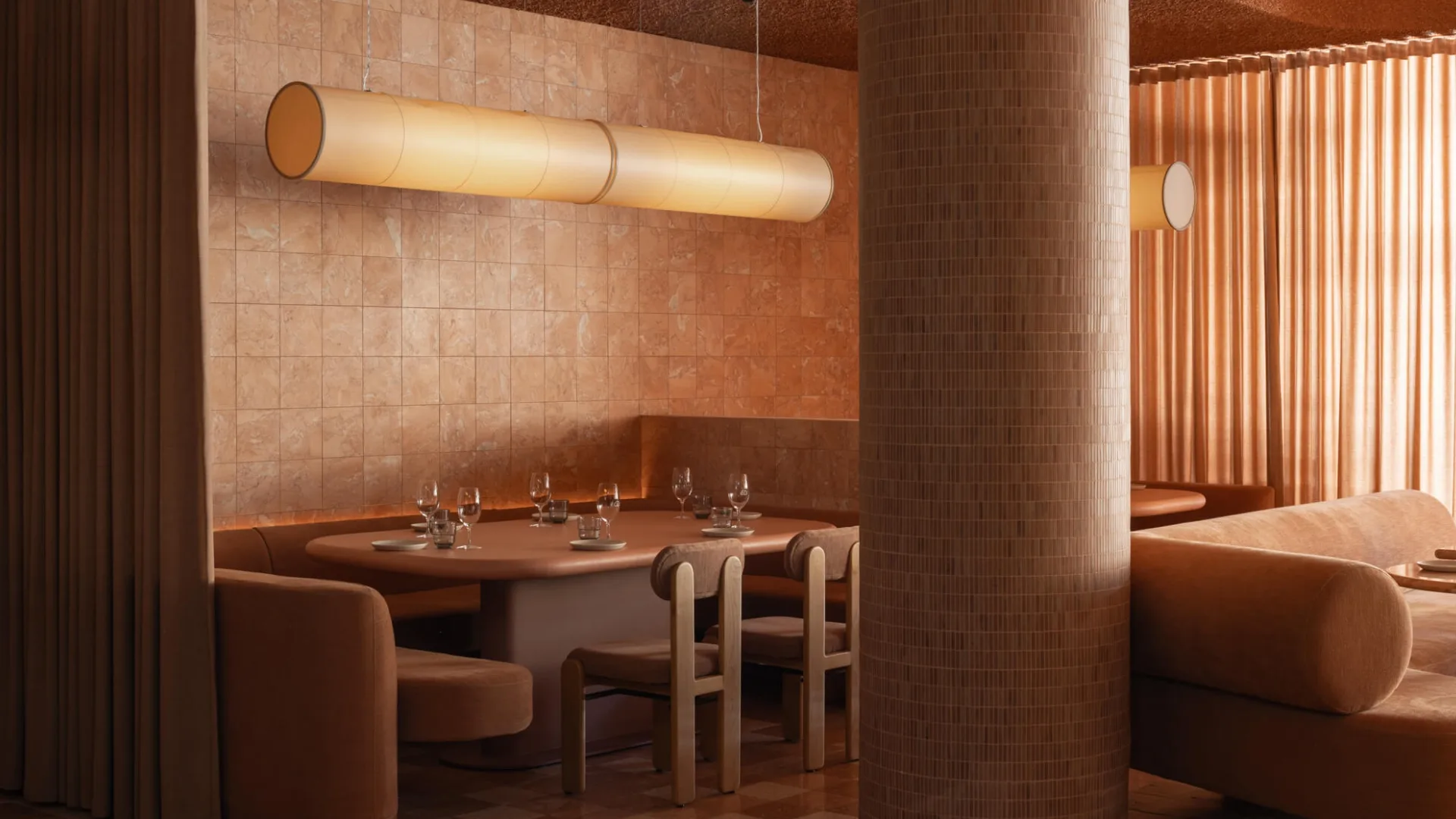 The light-filled, terracotta-hued dining room at Light Years in Perth 