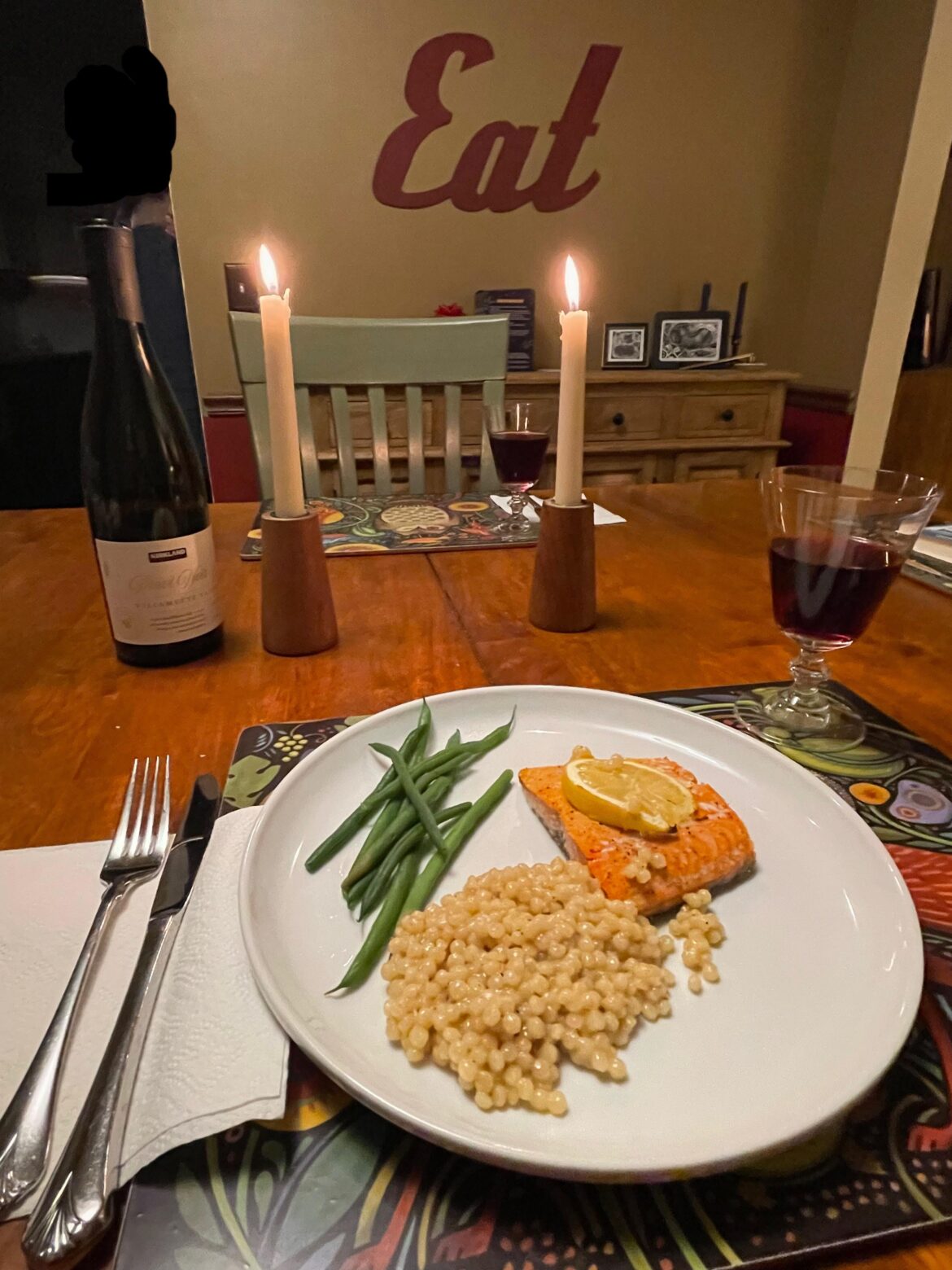 Baked salmon, creamy Parmesan pearl couscous and green beans
