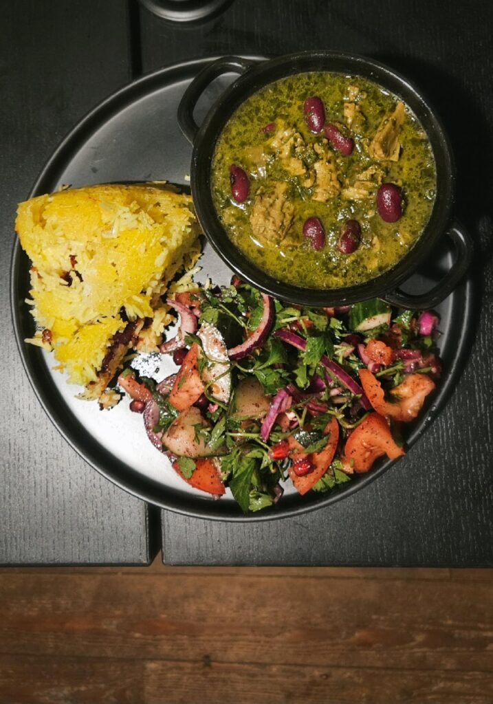 Dinner Tonight. Ghormeh Sabzi, Safron Rice with Barberrys, and Shirazi Salat.