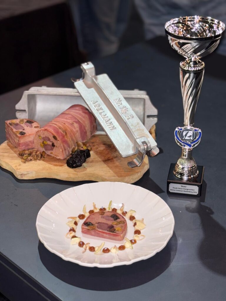 My Terrine with rabbit leg, duck liver, smoked hare saddle, pistachio and plum with katsubushi gel, celeriac cream, dried Granny Smith and shallot.