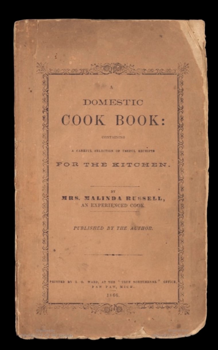 Cover of "A Domestic Cookbook: Containing a Careful Selection of Useful Receipts for the Kitchen" by Malinda Russell.